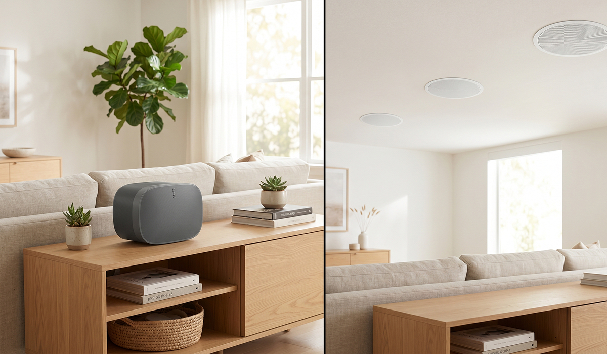 Sonos speaker versus in-ceiling built-in speakers comparison for whole-home audio