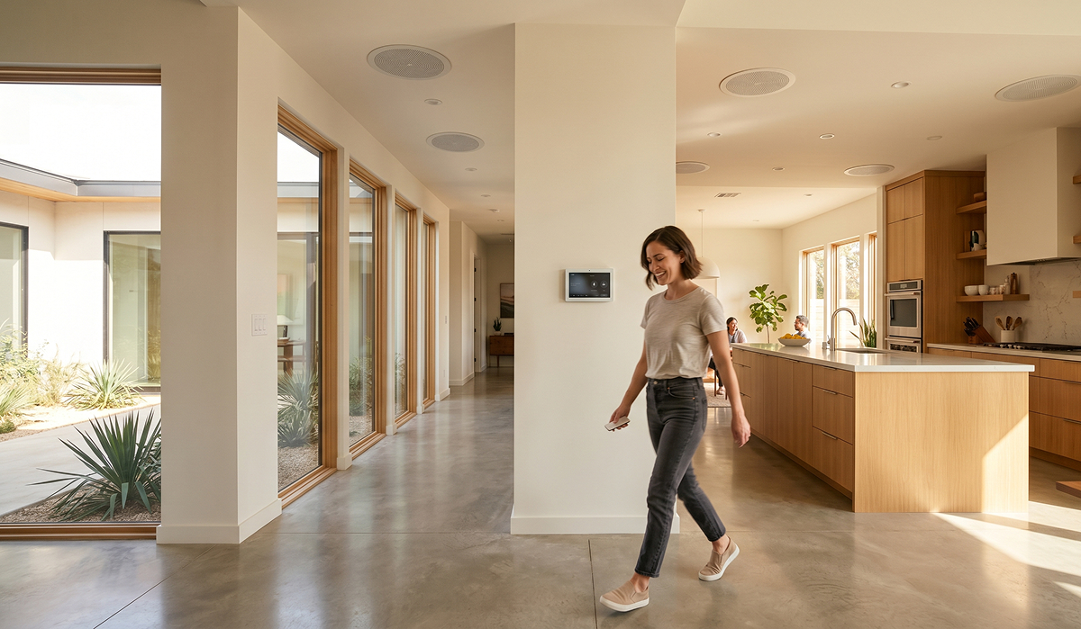In-ceiling speakers throughout a South Texas home as part of a whole-home music streaming system