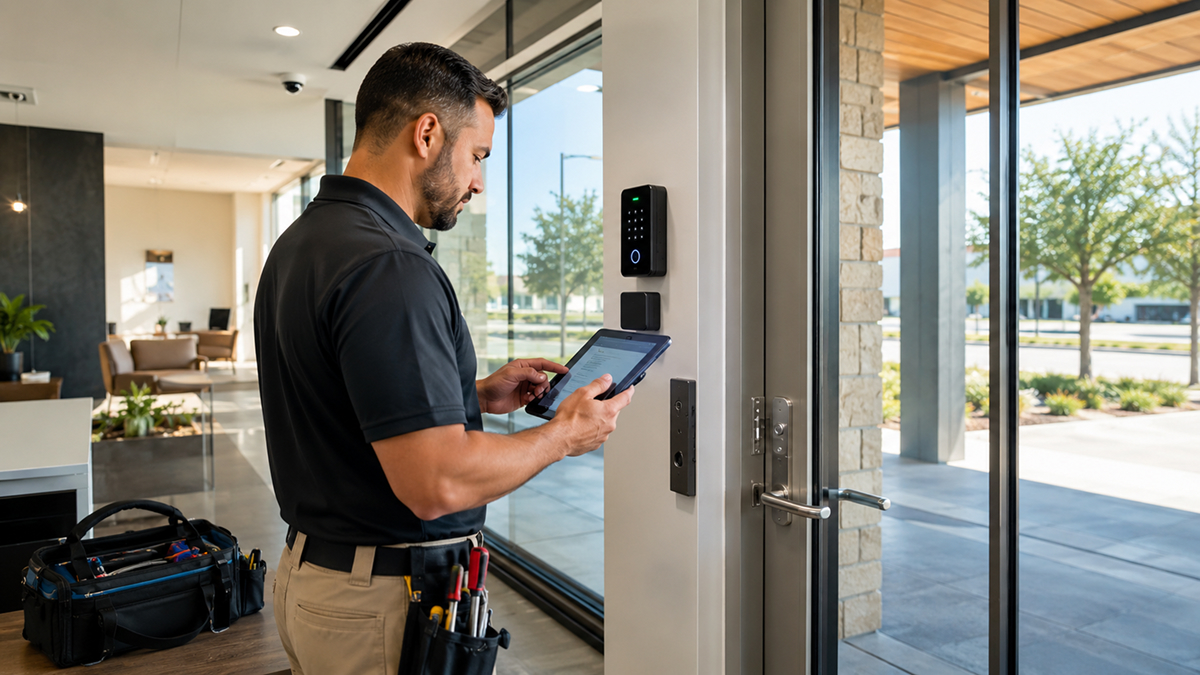 Technician installing access control reader