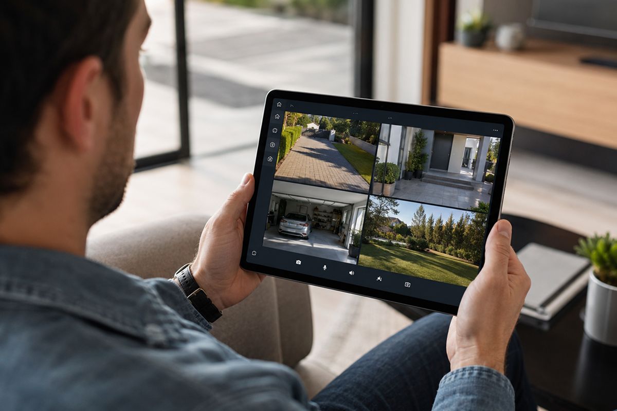 Homeowner viewing security cameras on tablet