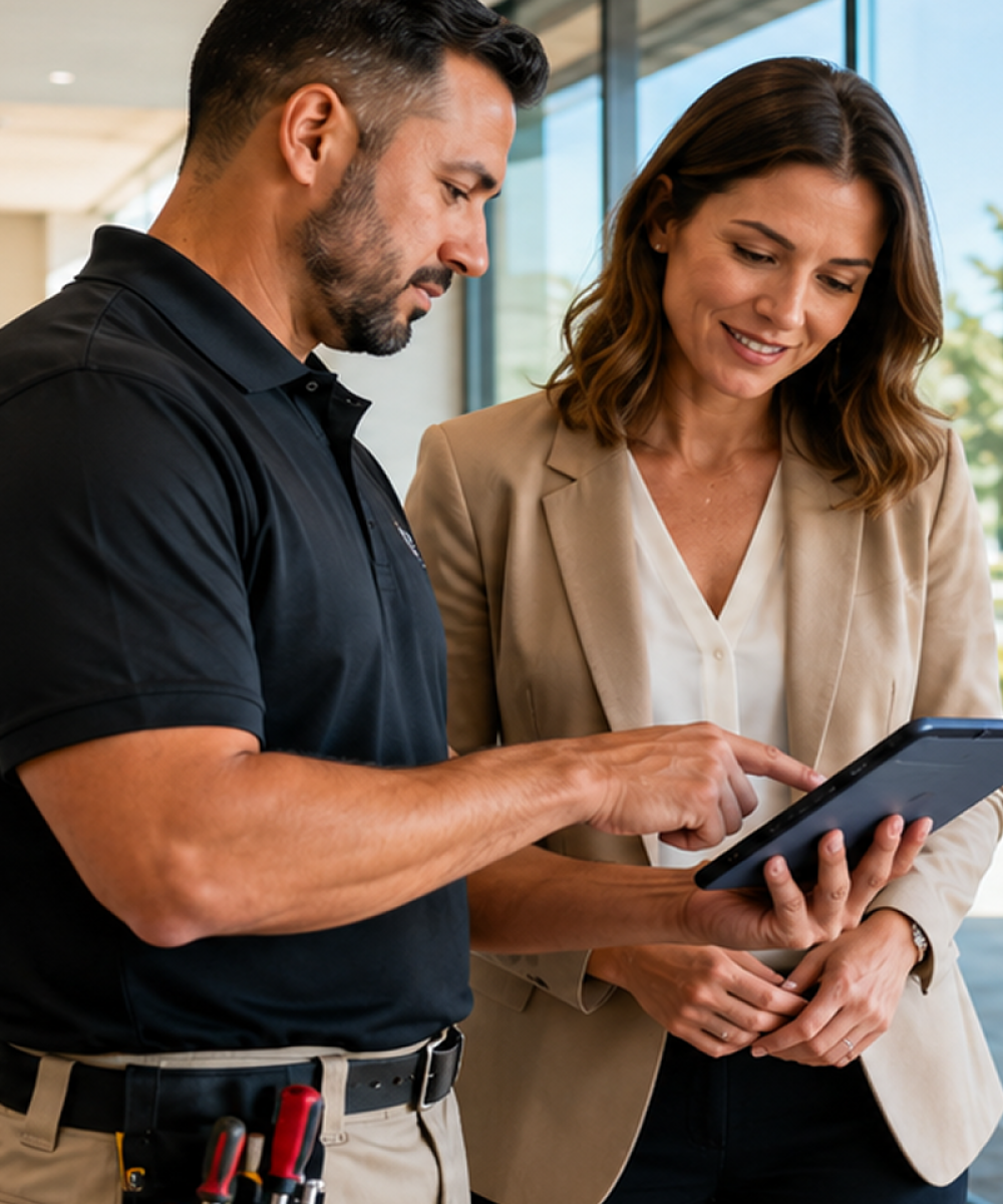 Technician training business owner on access